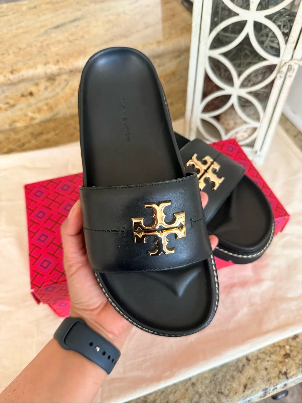 Tory Burch Black Leather Logo Espadrille Flats - Picture 3 of 8